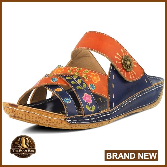 Leather Wedge Slide Sandals with Adjustable Strap Size 8